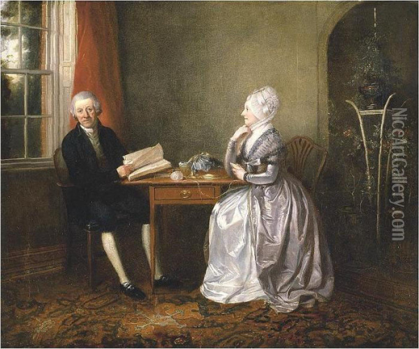 Thomas Grant And His Wife Mary, Seated In An Interior Oil Painting - John Thomas Seton