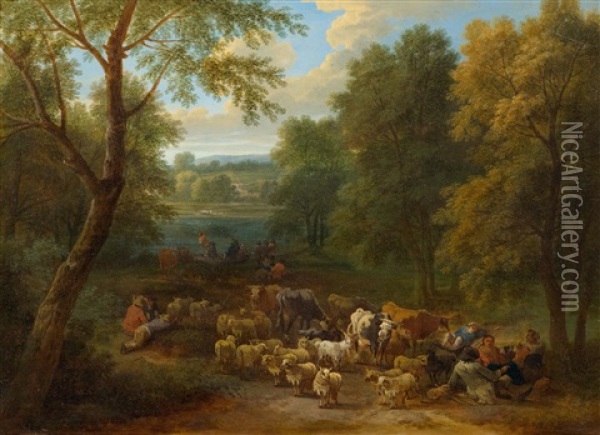 Shepherds In A Forest Clearing Oil Painting - Adriaen Frans Boudewyns the Elder