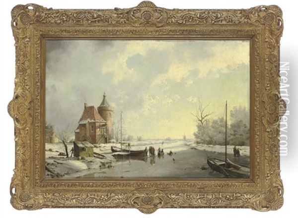 Figures On A Frozen River Oil Painting - A. de Groote