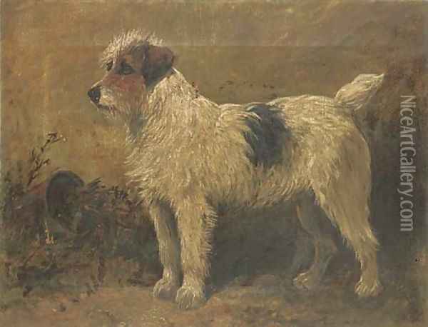 Terrier in a garden Oil Painting - John Emms