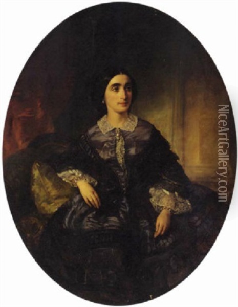 Portrait Of Maria Schillizzi In A Black Silk And Lace Dress Oil Painting - Aristides Oeconomo