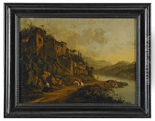 Romantiskt Flodlandskap Med Ryttare Och Figurer Oil Painting - Horatius de Hooch