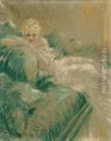 Elegante A La Robe Blanche Oil Painting - Louis Icart