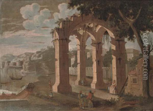 A Mediterranean Coastal Landscape With Figures Amongst Ruins Oil Painting - Agostino Tassi