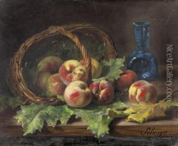 Stillleben Mit Pfirsichen In Weidenkorb Und Blauer Vase. Oil Painting - Marthe Solange