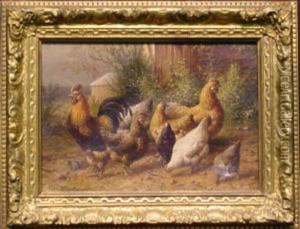 Barnyard Fowl Oil Painting - George A.E., Geo Riecke
