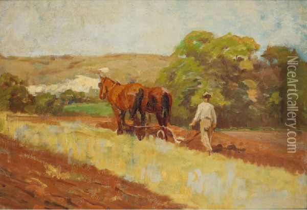 A Plough Team With Downland Beyond Oil Painting - Arthur Lemon