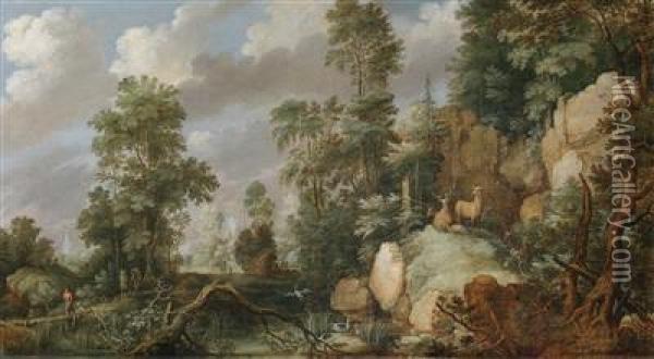 A Landscape With A Stag Hunt Oil Painting - Gillis Claesz De Hondecoeter