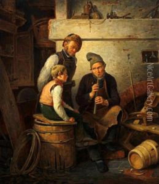 'the Cooper's Workshop' Oil Painting - Eduard Karl Pistorius