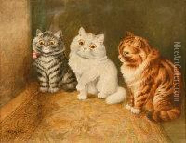 Three Cats Sat On The Mat Oil Painting - Louis William Wain