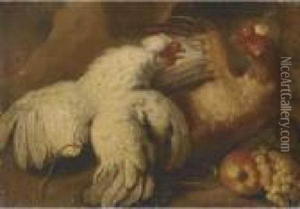 Two Hens In A Landscape With An 
Apple And Grapes In The Foreground; And Dead Game In A Landscape Oil Painting - Adriaen van Utrecht