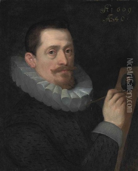 Portrait Of A Gentleman, Aged 40, In A Black Coat And White Ruff, Painting A Miniature Oil Painting - Hans Von Aachen