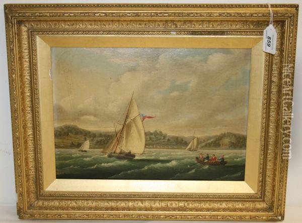 Sailing Boats On River Estuary With Hills Beyond Oil Painting - Thomas L. Hornbrook