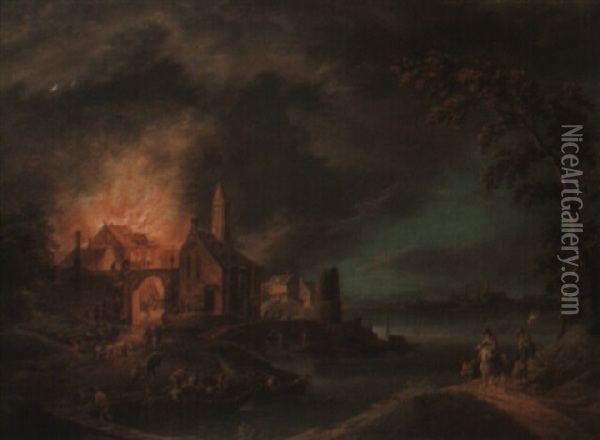 Burning Villages At Night Oil Painting - Christian Georg Schuetz the Younger