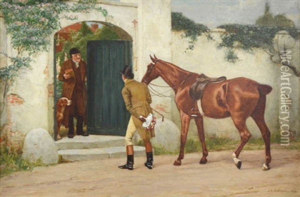 Young Man And His Horse With An Old Gentleman Opening A Door With A Spaniel Inset Oil Painting - John Charles Dollman