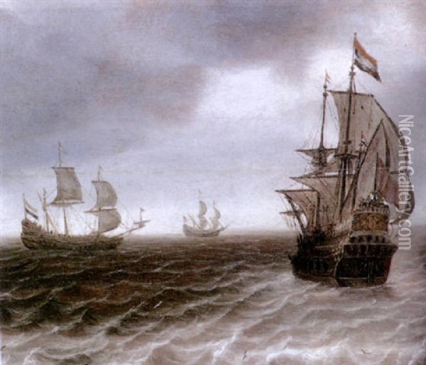Dutch Men O'war In Choppy Waters Oil Painting - Justus Verwer