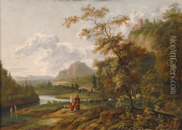 River Scenery With A Castle And Shepherds Oil Painting - Jan Gabrielsz Sonje