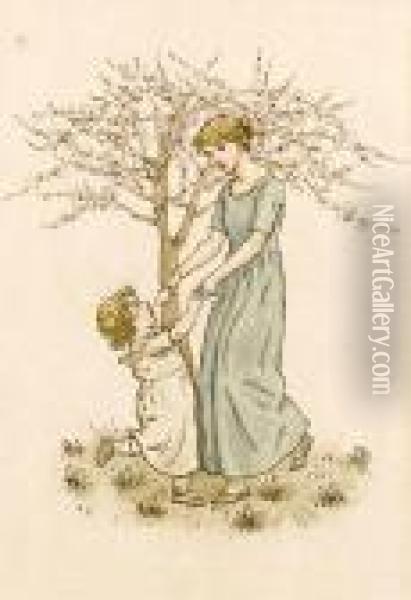 March; A Little Boy And Girl Oil Painting - Kate Greenaway