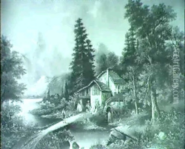 Bewaldete Gebirgslandschaft Mit Muhle An Einem Wasserlauf,  Im Hintergrund Schneebedecktes Gebirsmassiv Oil Painting - Heinrich Eduard Muller