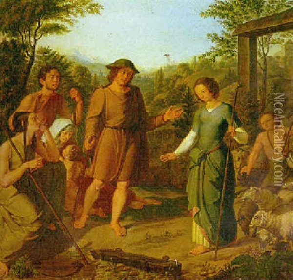 Die Begegnung Von Jakob Und Rahel In Arkadischer Landschaft Oil Painting - Joseph Wintergerst