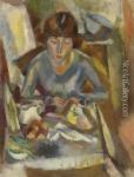 Hermine David Devant La Table Oil Painting - Jules Pascin