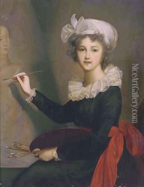 Portrait of the artist, three-quarter-length, in a blue dress with a red sash at her waist, a white lace collar and cap Oil Painting - Elisabeth Vigee-Lebrun