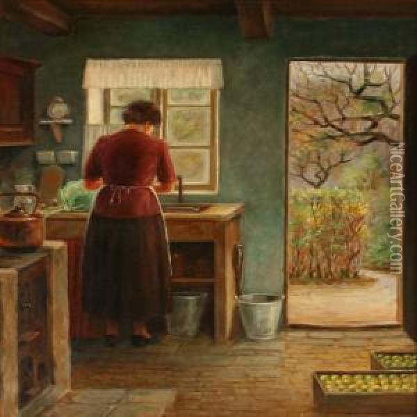 Kitchen Interior With A Lady At The Sink Oil Painting - Caja Prytz