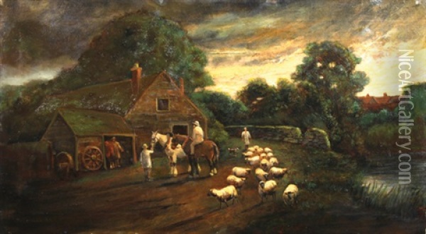 Sheep In A Country Lane By A Blacksmith's At Dawn Oil Painting - Thomas Creswick
