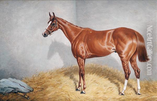 Portrait Ofthe Bay Racehorse Prince Frederick, In A Stable Oil Painting - William Eddowes Turner