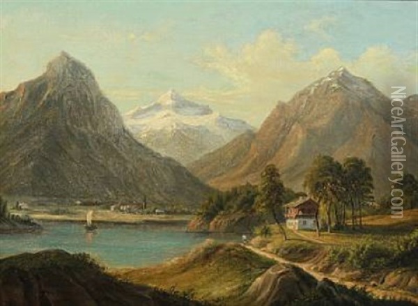 Scenery From The Alps With View To A City Oil Painting - Frederik Christian Jacobsen Kiaerskou