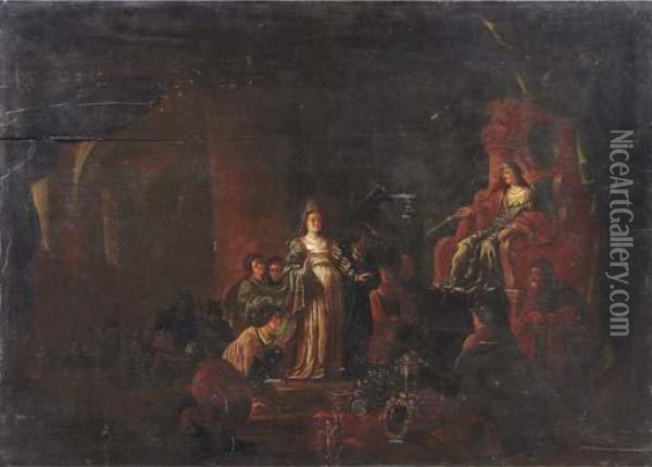 The Queen Of Sheba Before King Solomon Oil Painting - Jacob Willemsz de Wet the Elder
