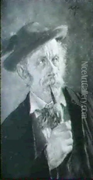 Brustbild Eines Tiroler Bauern Mit Langstielpfeife, Blauer  Jacke Und Roter Weste Oil Painting - Georg Roessler