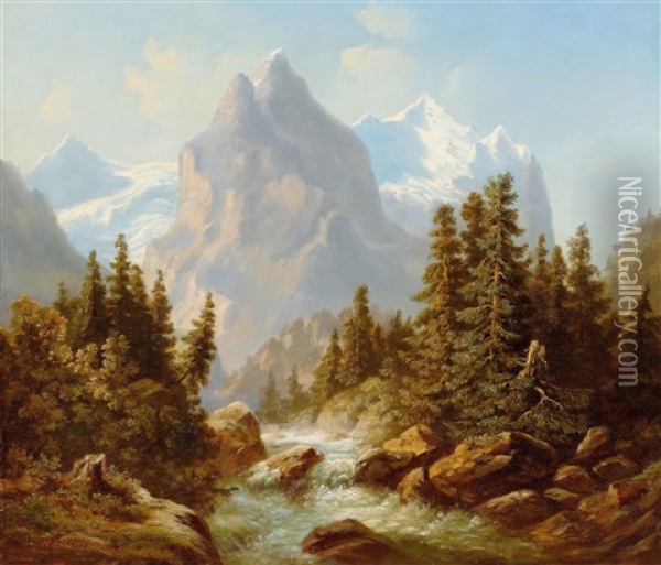 Wetterhorn With The Jungfrau Massif And The Upper Course Of The Lutschine Oil Painting - Heinrich Fischer