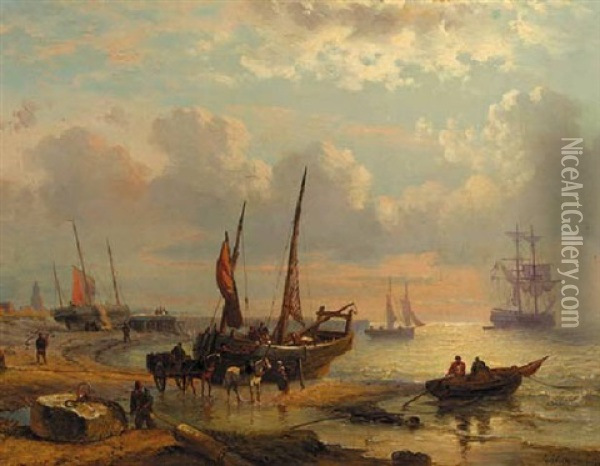 A Coastal Scene With Sailing Vessels And Fishermen At Work On A Beach Oil Painting - George Willem Opdenhoff