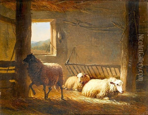 A Stable With Three Sheep Oil Painting - Eugene Joseph Verboeckhoven