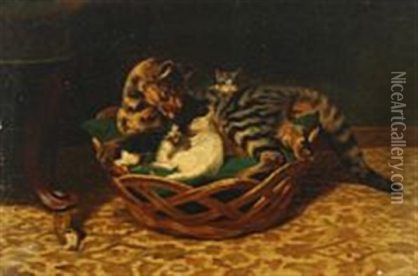 A Cat With Her Kittens Oil Painting - Adolf Heinrich Mackeprang