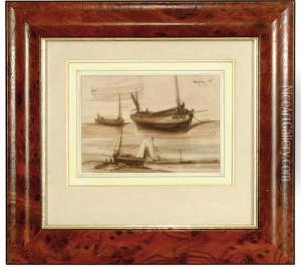 Studies Of Fishing Boats Oil Painting - Louis Adolphe Hervier