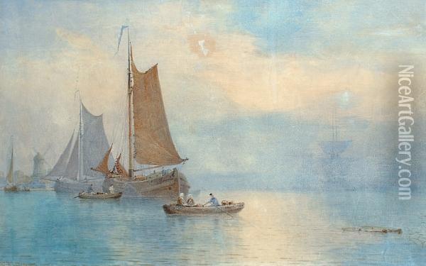 Sailing Boats In A Sea Mist With A Windmill Beyond Oil Painting - George Stanfield Walters