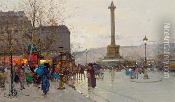 Parigi - Veduta Della Piazza Della Bastiglia Oil Painting - Eugene Galien-Laloue