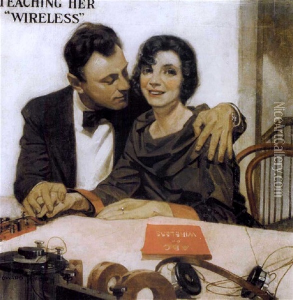 Teaching Her Wireless: Couple At Telegraphy Set Oil Painting - Howard V. Brown