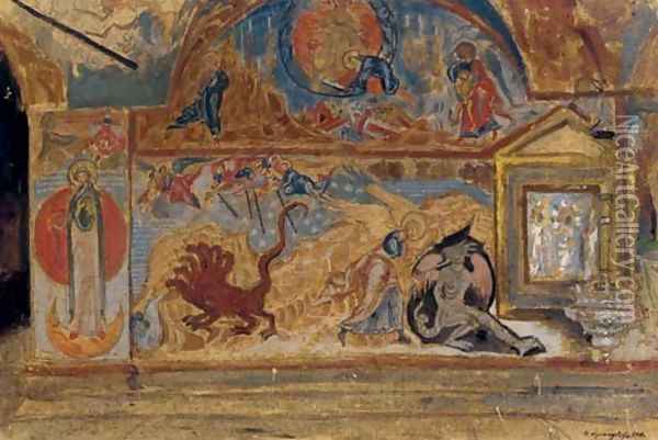 Detail of a Fresco Wall, Church Interior Oil Painting - Boris Kustodiev