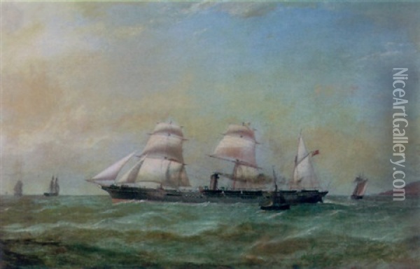A Three Masted Steamer Off The Coast Oil Painting - William Clark