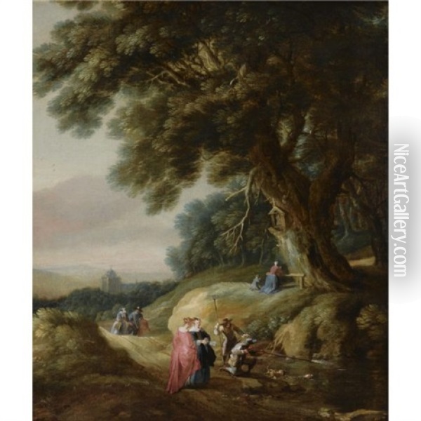 A Wooded Landscape With Elegant Travellers And Huntsmen On A Path, With A Woman And A Child Praying At A Shrine Oil Painting - Gillis (Egidius I) Peeters