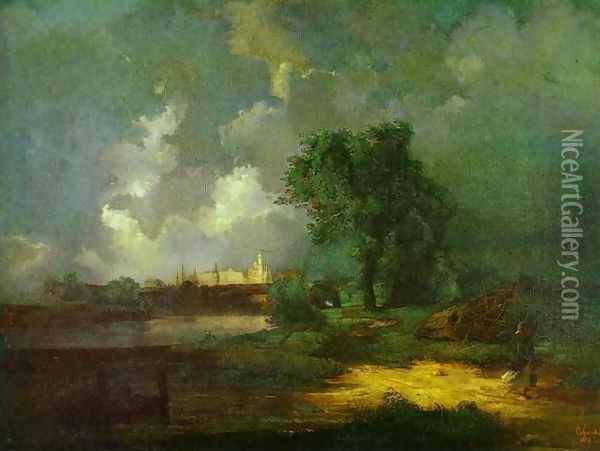 View of the Kremlin from the Krymsky Bridge in Inclement Weather (1851) Oil Painting - Alexei Kondratyevich Savrasov