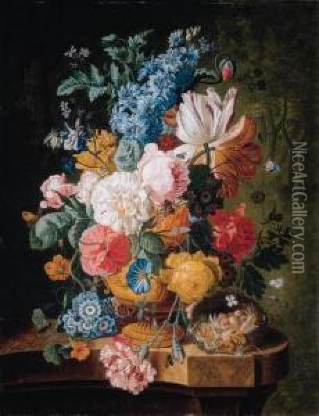 Roses, Lilies, Carnations, 
Polyanthus And Other Flowers In Asculpted Urn, A Wasp, Moth, Bee And A 
Bird's Nest On A Marbleledge Oil Painting - Johan Christian Roedig