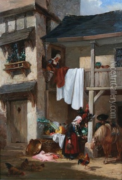 A Continental Street Scene With Maids At A Market Stall By A House Oil Painting - Auguste Aristide Fernand Constantin