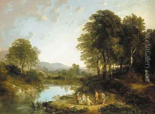A wooded river landscape with figures in the foreground, traditionally identified as 'On the Teign' Oil Painting - William Traies