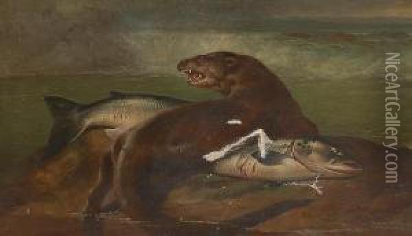 An Otter With A Recently Caught Salmon Oil Painting - Henry Leonidas Rolfe
