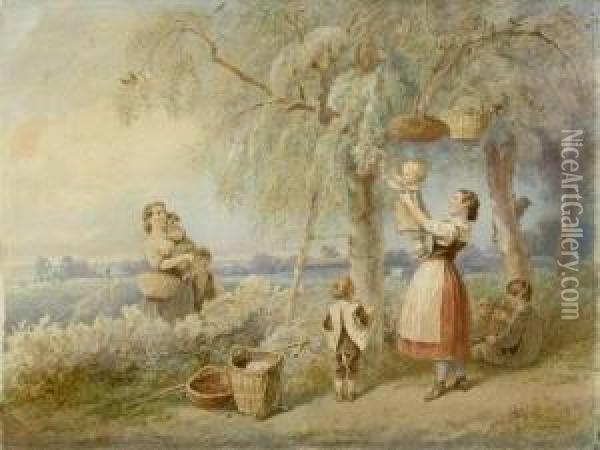 Zwei Mutter Mit Ihren Kindern Bei Der Kirschernte Oil Painting - Theodor Hosemann