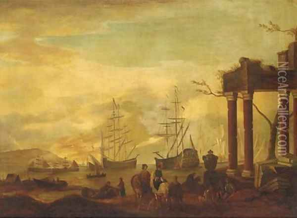 A Mediterranean coastal inlet with shipping and stevedores by classical ruins Oil Painting - Abraham Jansz. Storck